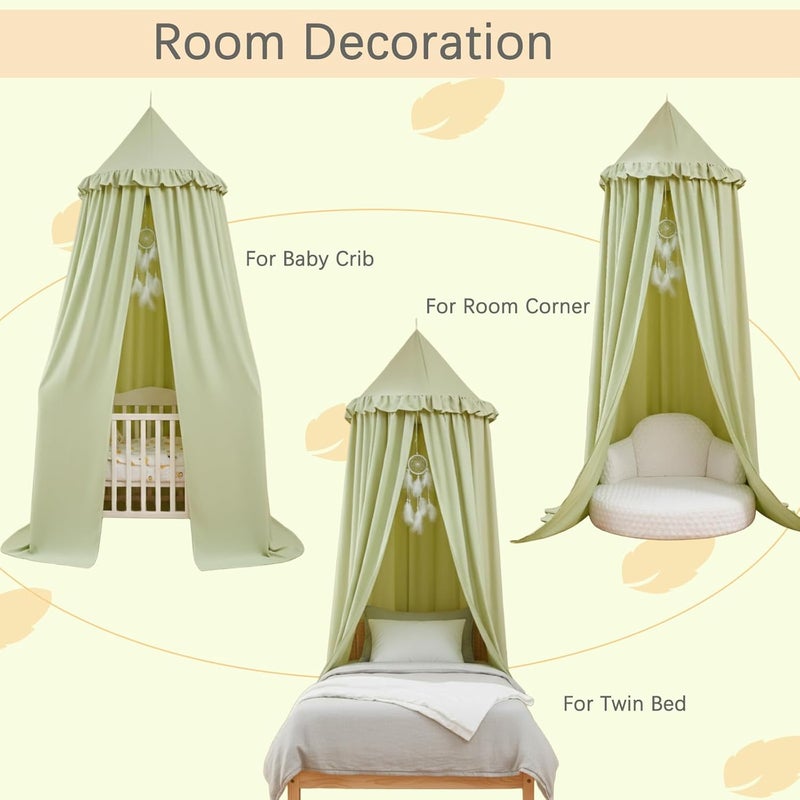 Akiky Kids Bed Canopy for Crib & Twin Size with Ruffles Dreamcatcher, Boys Princess Girls Nursery Room Decor Toddler Baby Dome Round Hanging Tent Curtains Skirt Over Bed Reading Nook Play Tents Green - Image 2